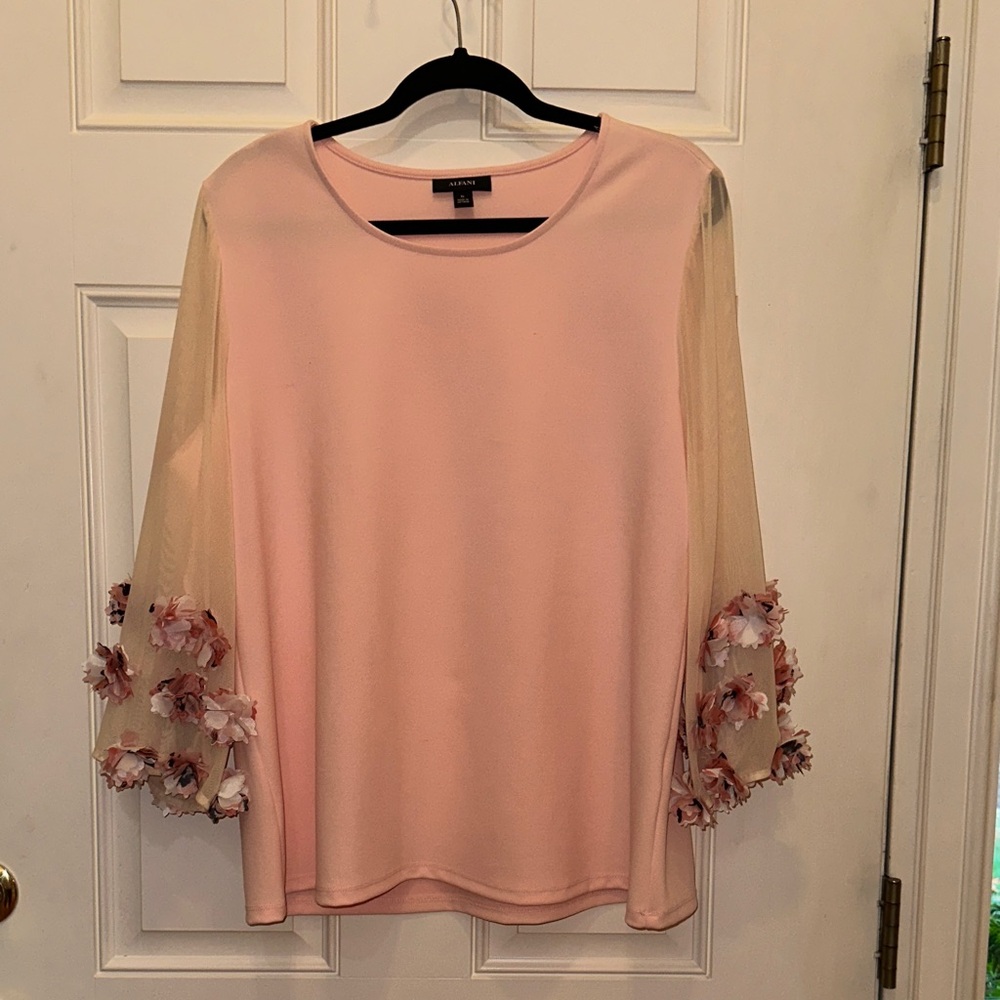 Alfani Peachy/pink Blouse with Sheer Floral Sleeves